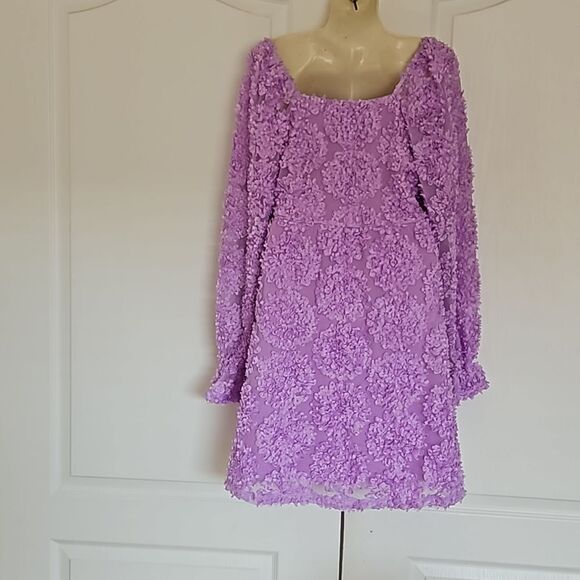 Pieces Premium 3D Rose Petal Long Sleeve Midi Fit & Flare Dress Lavender Medium - Picture 4 of 16